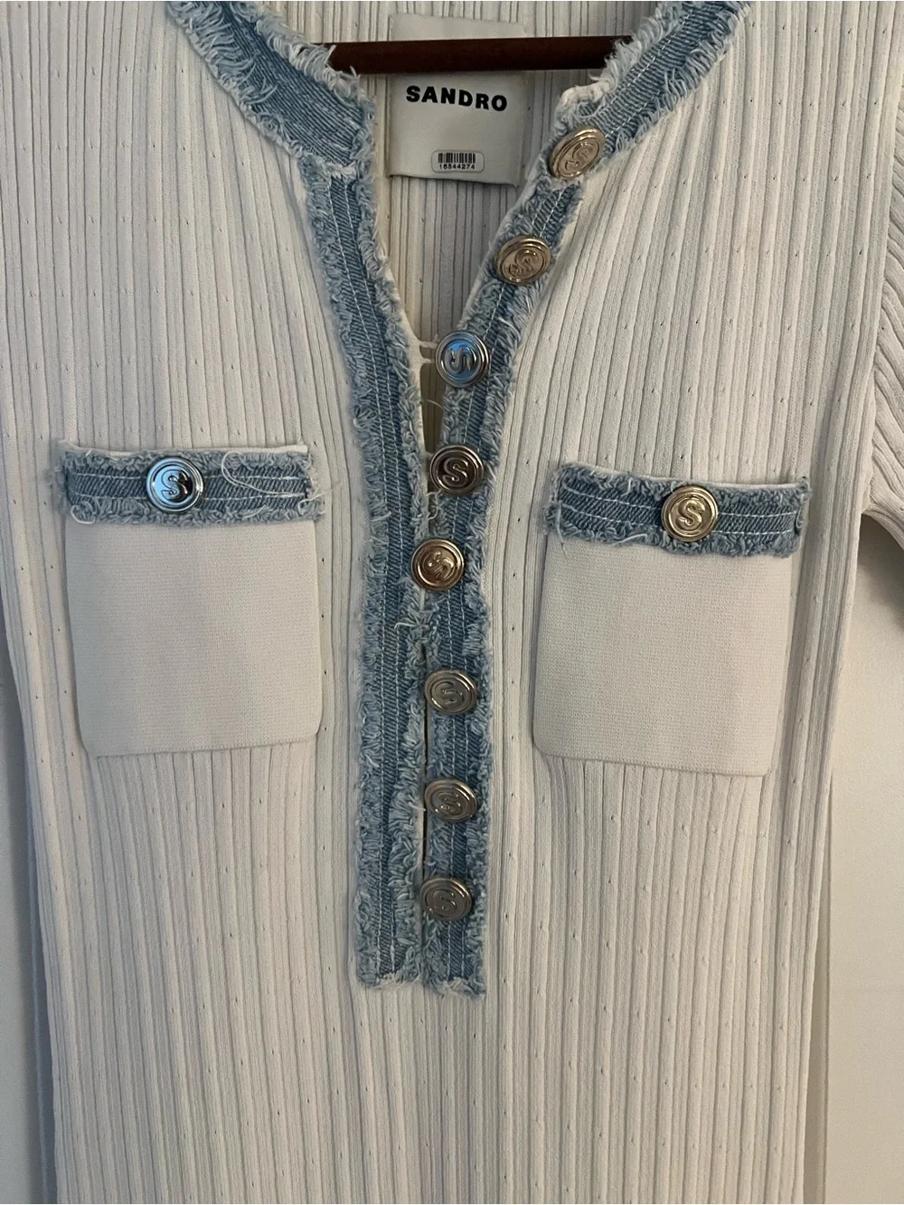 Sandro White Ribbed Maxi Dress with Light Blue Denim Trim - Picture 2 of 6
